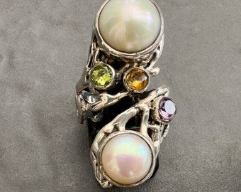 Handmade Pearl & Multi Gemstone Sterling Silver Ring - Adjustable