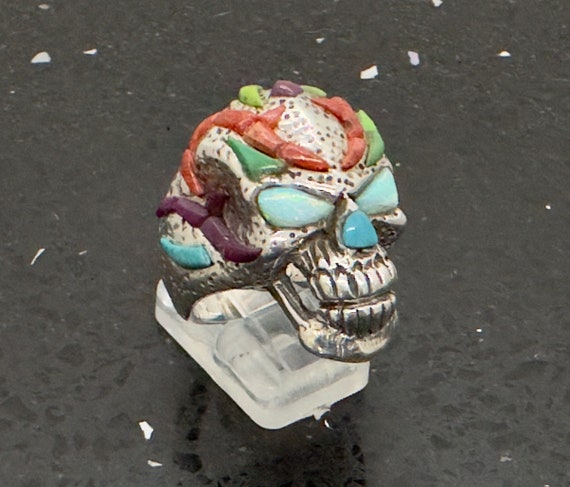 Sterling Silver Skull Ring: Opal, Coral & Turquoise Gemstone Biker 