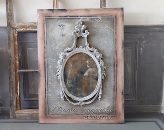 Brocante mirror in wooden panel, Wall Decor,