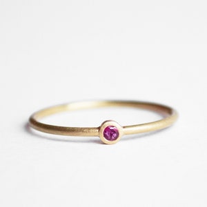 18k delicate gold ring with ruby minimalist red gemstone tiny thin 750 gold bud gold