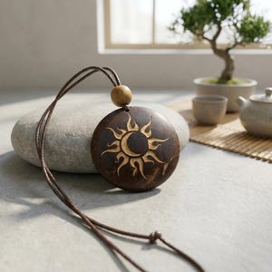 Handmade Coconut Shell Sun Pendant Necklace: Boho Adjustable Cord