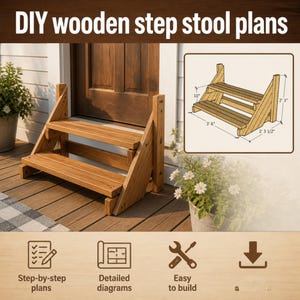 Puede incluir: Planos de taburete de madera de bricolaje. La imagen muestra un taburete de madera de dos escalones. Los planos incluyen instrucciones paso a paso y diagramas detallados. Las dimensiones del taburete son 25 cm de alto, 107 cm de largo, 70 cm de ancho y 69 cm de alto.
