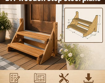 Puede incluir: Planos de taburete de madera de bricolaje. La imagen muestra un taburete de madera de dos escalones. Los planos incluyen instrucciones paso a paso y diagramas detallados. Las dimensiones del taburete son 25 cm de alto, 107 cm de largo, 70 cm de ancho y 69 cm de alto.