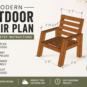 Puede incluir: Plano de silla de exterior moderna con instrucciones paso a paso. La silla de madera mide 84 cm de ancho y 76 cm de profundidad. El respaldo de la silla mide 59 cm de alto y 66 cm de ancho. El plan incluye PDF, descarga instant&aacute;nea.