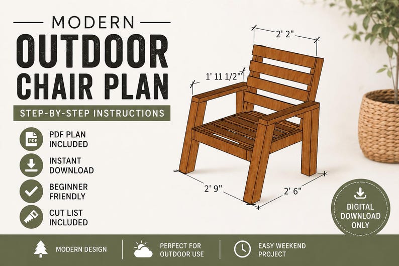 Puede incluir: Plano de silla de exterior moderna con instrucciones paso a paso. La silla de madera mide 84 cm de ancho y 76 cm de profundidad. El respaldo de la silla mide 59 cm de alto y 66 cm de ancho. El plan incluye PDF, descarga instant&aacute;nea.