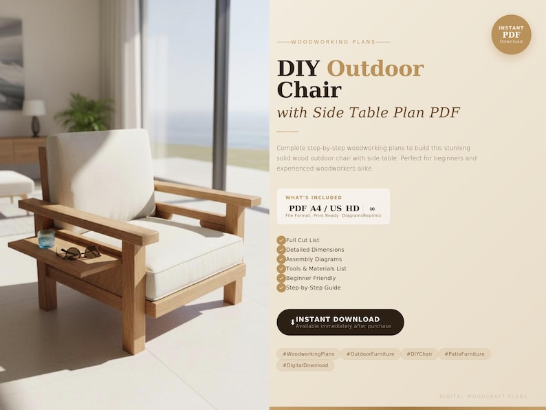 K&ouml;nnte beinhalten: Ein helles Holz-Outdoor-Stuhl mit einem Beistelltisch, mit einem wei&szlig;en Kissen und Armlehnen. Der Stuhl hat einen kleinen Beistelltisch mit einem Glas und einer Sonnenbrille. Der Text im Bild lautet: "DIY Outdoor Chair with Side Table Plan PDF."