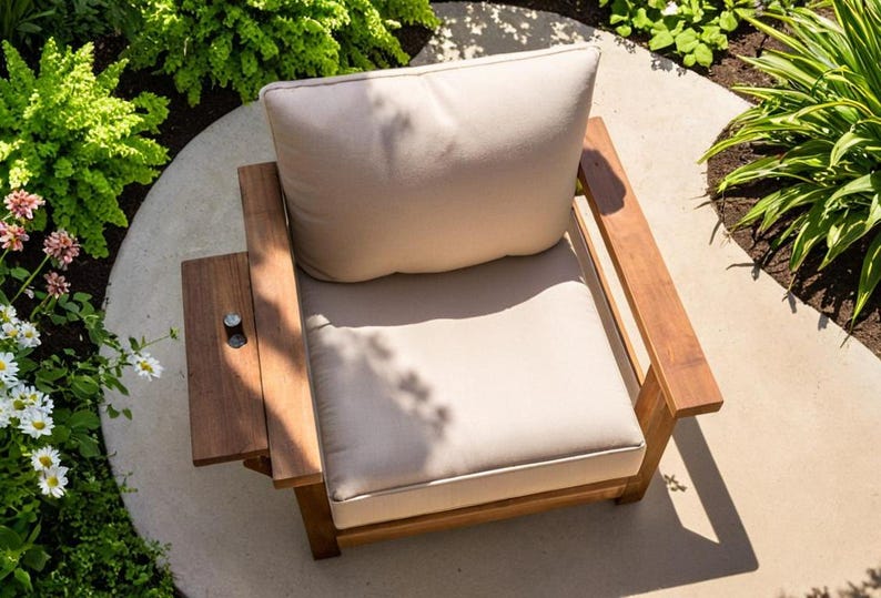 K&ouml;nnte beinhalten: Ein Holz-Au&szlig;enstuhl mit hellbeige Kissen und R&uuml;ckenlehne. Der Stuhl hat einen eingebauten Beistelltisch. Der Stuhl ist von Gr&uuml;n und Blumen umgeben. Der Stuhl hat ein modernes Design.