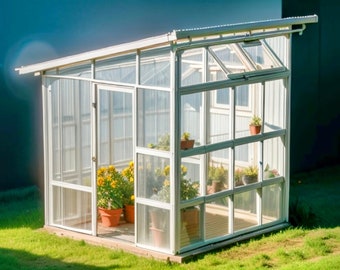 May include: A small, white-framed greenhouse with glass panels and a slanted roof. Inside, potted plants and yellow flowers sit on shelves and the floor. The structure is set on a grassy lawn.