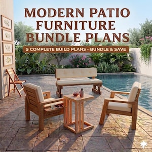 May include: A set of wooden patio furniture including a bench, two armchairs, and a side table with cream-colored cushions. The text reads MODERN PATIO FURNITURE BUNDLE PLANS and 5 COMPLETE BUILD PLANS - BUNDLE & SAVE. The furniture is arranged outdoors.