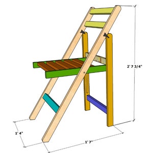 May include: A wooden folding chair with a green seat and yellow back. The chair is 2' 7 3/4" tall, 1' 7" wide, and 1' 4" deep.