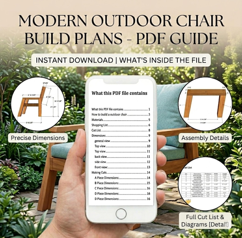 Puede incluir: Una gu&iacute;a PDF digital para planos de construcci&oacute;n de sillas de exterior modernas. La imagen muestra un tel&eacute;fono inteligente que muestra el contenido del archivo, incluidas las dimensiones, los detalles de montaje y las listas de corte. El texto del t&iacute;tulo dice "MODERN OUTDOOR CHAIR BUILD PLANS - PDF GUIDE".