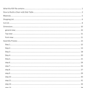 K&ouml;nnte beinhalten: Ein wei&szlig;es Dokument mit dem Titel "What this PDF file contains" mit einem Inhaltsverzeichnis. Das Dokument beschreibt Abschnitte wie den Bau eines Stuhls mit einem Beistelltisch, Materialien, Einkaufsliste, Zuschnittliste, Abmessungen und Montageschritte.