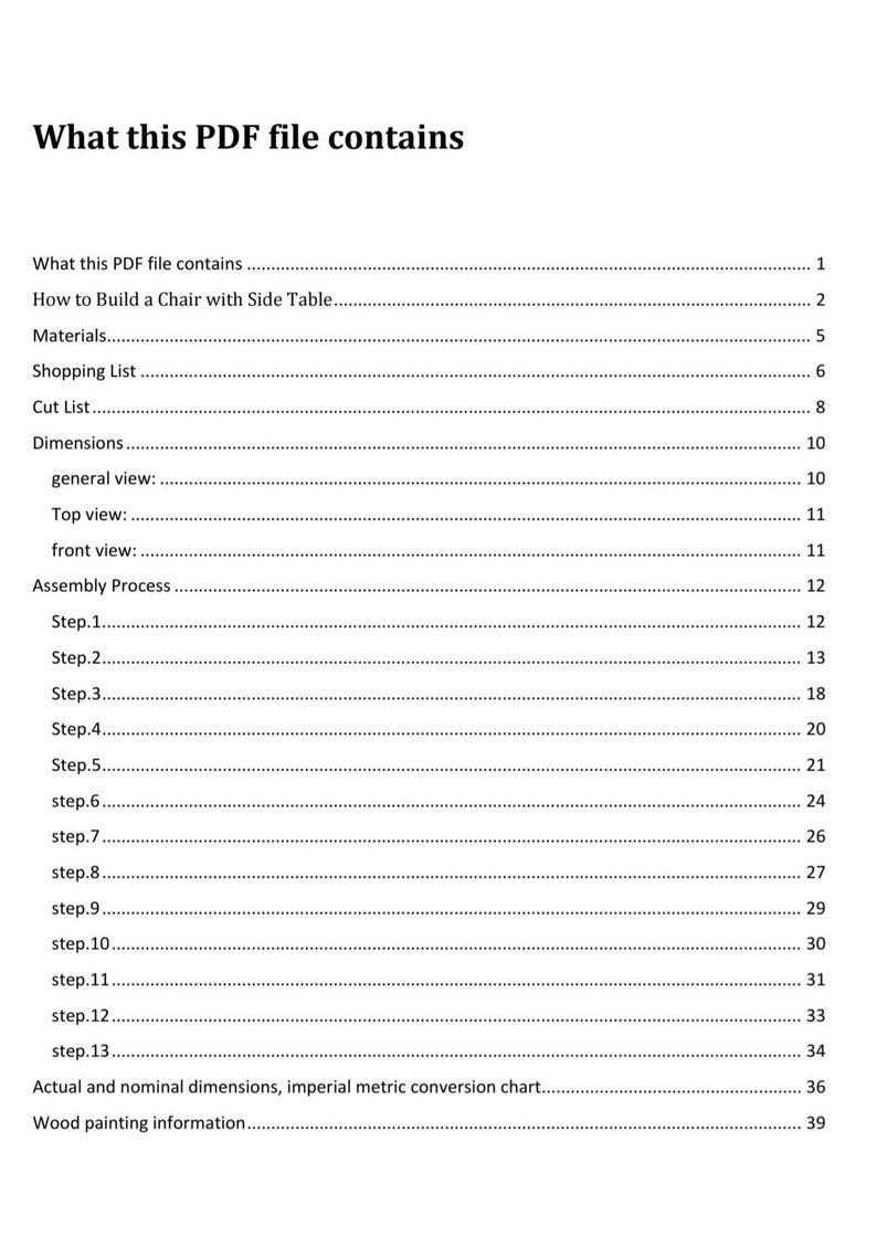 K&ouml;nnte beinhalten: Ein wei&szlig;es Dokument mit dem Titel "What this PDF file contains" mit einem Inhaltsverzeichnis. Das Dokument beschreibt Abschnitte wie den Bau eines Stuhls mit einem Beistelltisch, Materialien, Einkaufsliste, Zuschnittliste, Abmessungen und Montageschritte.