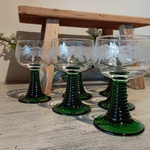 Vintage set of 6 stemmed glass goblets, wine glasses France, mid-century