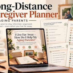 Könnte beinhalten: Ein 24-seitiger digitaler Pflegeplaner für die Fernpflege alternder Eltern. Der Planer enthält druckbare Formulare wie eine lokale Unterstützungskarte, eine 48-Stunden-Besuchs-Checkliste und eine Familienverantwortungskarte zur Organisation.