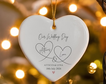 Our Wedding Day Ornament, Personalized Wedding Ornament, 1st Christmas As Mr and Mrs Ornament, Newlywed Couple Heart Bauble, Wedding Gift