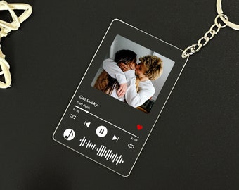 Puede incluir: Un llavero de acrílico transparente con una foto de una pareja abrazándose. El llavero está diseñado para parecerse a la pantalla de un reproductor de música con el título de la canción "Get Lucky" de Daft Punk.