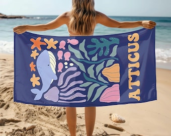 Asciugamano da spiaggia personalizzato con animali marini, asciugamano con nome personalizzato per neonati/bambini, asciugamano da piscina per ragazze preppy, regalo di Natale per bambini, essenziale per feste in spiaggia