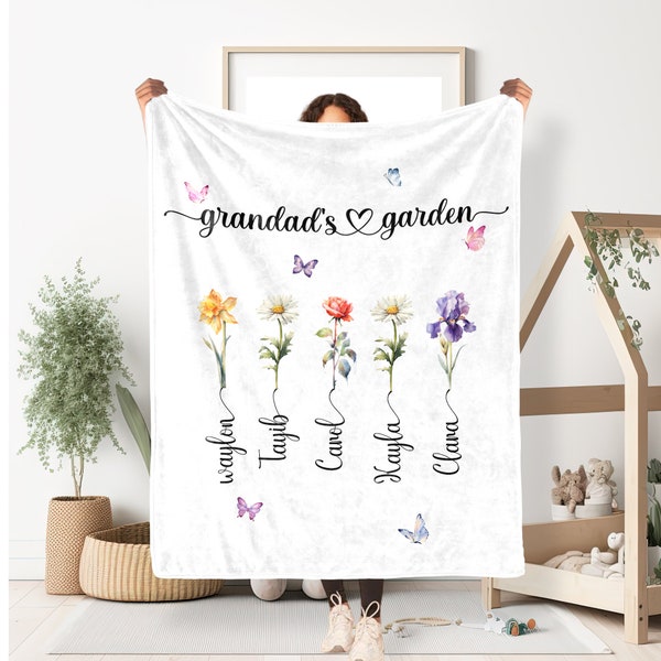 Personalisierte Mamas Gartendecke, Mama-Decke mit Kindernamen, benutzerdefiniertes Oma-Geschenk, benutzerdefinierte Geburtsblumen-Decke, Geschenk für Mama von Tochter / Sohn
