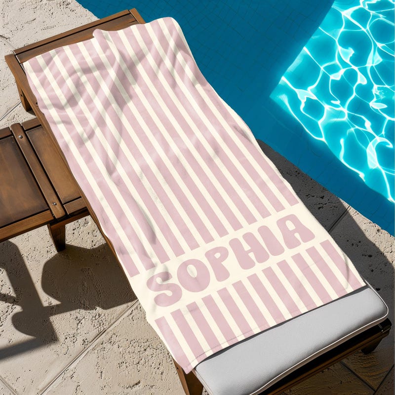 Personalized Name Stripe Beach Towel, Oversized Custom Monogram Pool Towel, Signature Beach Towel For Kids,  Vacation Gift, Picnic Towel