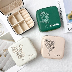 Personalized Gifts for Her Bridesmaid Jewelry Box Engraved Birth Flower jewellery Box Custom Name Travel Jewelry Case