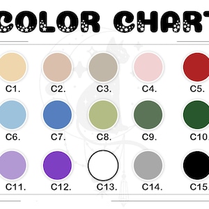 Op de afbeelding: Kleurenkaart met 15 verschillende kleuren, gelabeld van C1 tot C15. De kleuren omvatten beige, lichtroze, lichtgrijs, rood, lichtblauw, donkerblauw, groen, donkergroen, paars, wit, grijs en zwart.