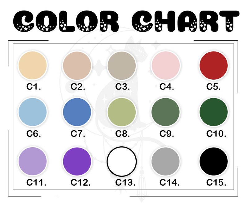 Op de afbeelding: Kleurenkaart met 15 verschillende kleuren, gelabeld van C1 tot C15. De kleuren omvatten beige, lichtroze, lichtgrijs, rood, lichtblauw, donkerblauw, groen, donkergroen, paars, wit, grijs en zwart.
