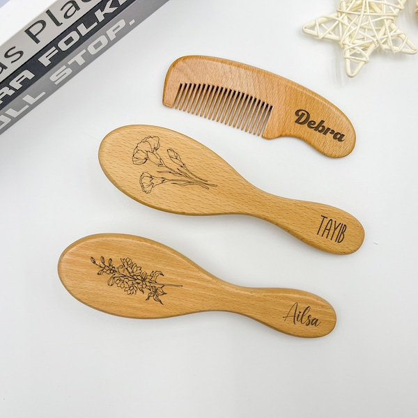 Customized Wooden Hair Comb,Engraved Comb with Name,Hair Brush for Girls,Personalized Baby Hair Brush, Baby Shower Gift,Birth flower comb