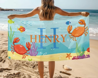 Asciugamani da spiaggia personalizzati con animali marini, asciugamani con nome personalizzato per bambini, asciugamani da piscina personalizzati con nome dei cartoni animati, regalo per feste in spiaggia