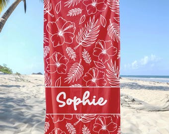 Asciugamano da spiaggia floreale hawaiano personalizzato, asciugamano da piscina per feste di compleanno con nome personalizzato, asciugamano da bagno tropicale, regalo per le vacanze, regalo per gli amanti della spiaggia