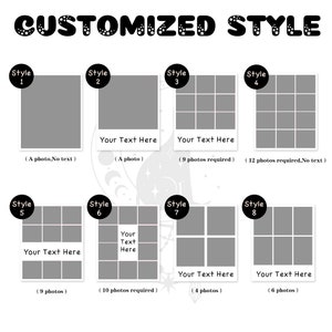 May include: A graphic showing 8 different collage layouts for photos. Each layout has a black circle with a white number and the word "Style" in white. The layouts are labeled with the number of photos required and whether or not text is allowed.