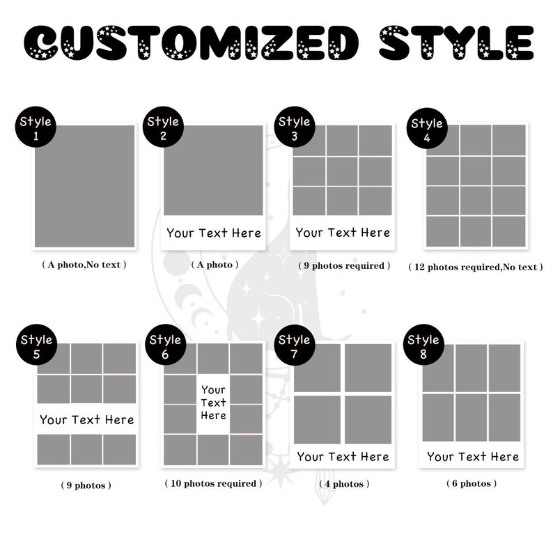 May include: A graphic showing 8 different collage layouts for photos. Each layout has a black circle with a white number and the word "Style" in white. The layouts are labeled with the number of photos required and whether or not text is allowed.
