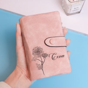 Cartera de cuero personalizada para mujer con flor de nacimiento, cartera con nombre personalizado con estampado de moneda inicial, regalo del Día de la Madre, regalos para ella y mamá
