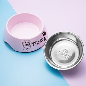 May include: Pink and white dog bowl with a stainless steel insert. The bowl has a paw print and the name "Molly" printed on it.