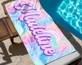 Personalized Name rainbow Beach Towel, Oversized Custom Monogram Pool Towel, Signature Beach Towel For Kids,  Vacation Gift, Picnic Towel