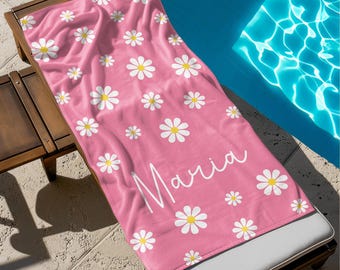Custom Daisy Name Beach Towel, Personalized Monogram Pool Towel, Signature Beach Towel For Kids, Vacation Gift, Picnic Towel