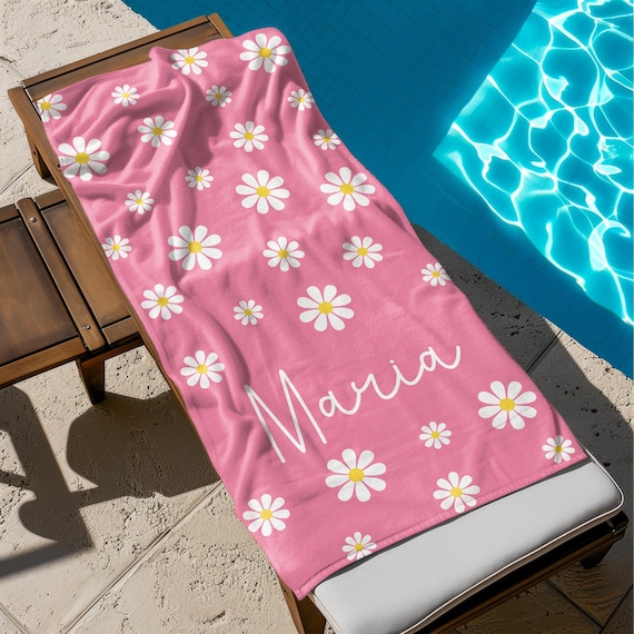 Custom Daisy Name Beach Towel, Personalized Monogram Pool Towel, Signature Beach Towel For Kids, Vacation Gift, Picnic Towel