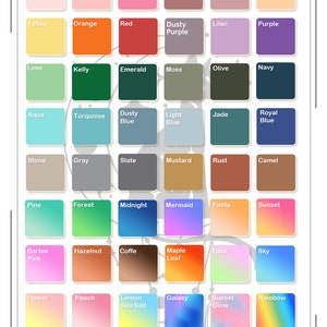 May include: Color chart with 48 different color swatches. Each swatch is labeled with a name, such as "Blush", "Meat Pink", "Magenta", "Dusty Rose", "Mauve", "Apricot", "Yellow", "Orange", "Red", "Dusty Purple", "Lilac", "Purple", "Lime", "Kelly", "Emerald", "Moss", "Olive", "Navy", "Aqua", "Turquoise", "Dusty Blue", "Light Blue", "Jade", "Royal Blue", "Stone", "Gray", "Slate", "Mustard", "Rust", "Camel", "Pine", "Forest", "Midnight", "Mermaid", "Fanta", "Sunset", "Barbie Pink", "Hazelnut", "Coffe", "Maple Leaf", "Tulip", "Sky", "Flower", "Peach", "Lemon Sea Salt", "Galaxy", "Sunset Glow", "Rainbow", "Unicorn", "Lawn", "Graffiti", "Clouds", "Dream", and "Watercolor".