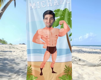Personalized swimwear photo Beach Towel, Oversized Custom muscle man Monogram Pool Towel, Beach Towel,  Vacation Gift, Fun beach towel
