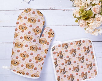 pet photo gloves set, Pot Holders Personalized pet avatar mittens, Christmas For Pet Parents, Kitchen Oven Mitt, gifts for puppy/kitten