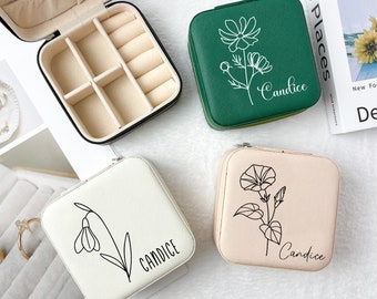 Engraved Birth Flower jewellery Box Personalized Jewelry Boxes Bridesmaid Jewelry Box  Custom Name Jewelry box Travel Jewelry Case