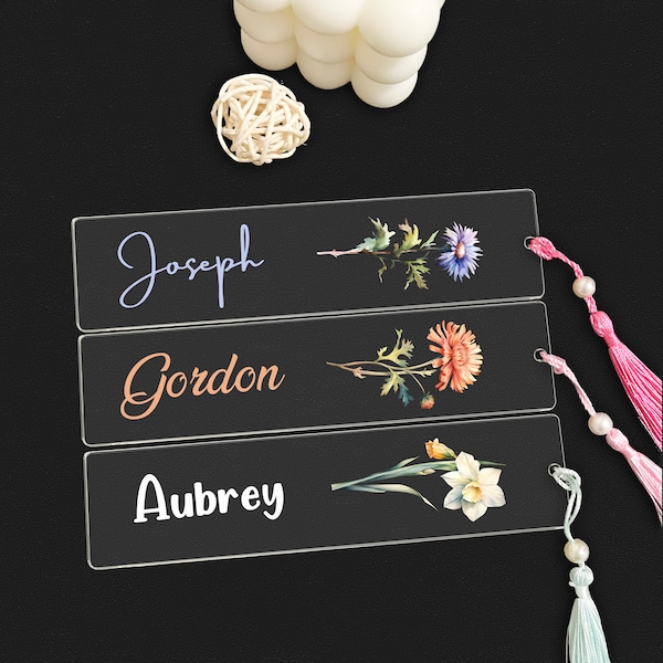 Personalized Birth Flower Bookmark, Custom Floral Acrylic Bookmark, Bookmark with Tassel, Bridesmaid Gift, Reading Lover, Gift for Her