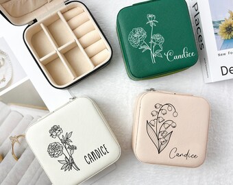 Smyckeskrin med födelseblomma Personliga smyckeskrin Graverad smyckeskrin med brudtärna Anpassad smyckeskrin med namn Resesmyckesskrin