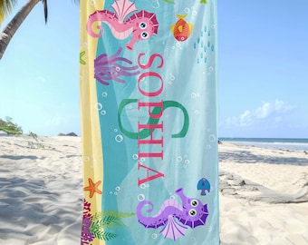 Asciugamani da spiaggia personalizzati con animali marini, asciugamani con nome personalizzato per bambini, asciugamani da piscina personalizzati con nome dei cartoni animati, regalo per feste in spiaggia