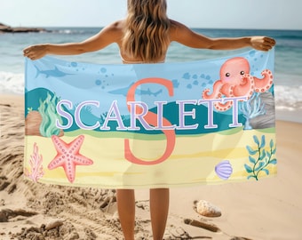 Toalla de playa personalizada con nombre del mundo submarino, toalla de piscina con monograma personalizado para niños, toalla de playa para niños, regalo de vacaciones, toalla de picnic