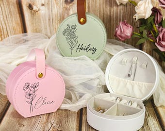 Personligt smyckeskrin med namn, födelseblomma, graverad smyckeskrin för brudtärnor, personligt smyckeskrin med namn, resesmyckeskrin