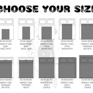 May include: A chart showing different bed sizes in inches with descriptions of who each size is perfect for. The sizes range from 30x40 inches to 66x90 inches.