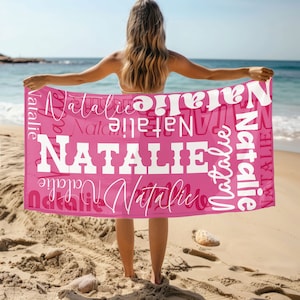 Gepersonaliseerde strandlaken met naam, extra groot aangepast monogram zwembadhanddoek, kenmerkende strandlaken voor kinderen, vakantiecadeau, picknickhanddoek