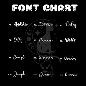 May include: A black and white image of a cat sitting on a crescent moon with stars. The image is surrounded by a circle of different fonts with names written in each font. The text at the top of the image reads "FONT CHART".