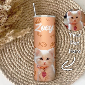 Custom Pet Photo Tumbler, Personalized Cat Face Photo Tumbler with Straw To Go Mug Gift for Dog Mom Dog Lover Gifts Funny Cat Gift Pet Photo